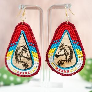 Cowgirl Country western Horse head seed bead & wood tear drop earrings